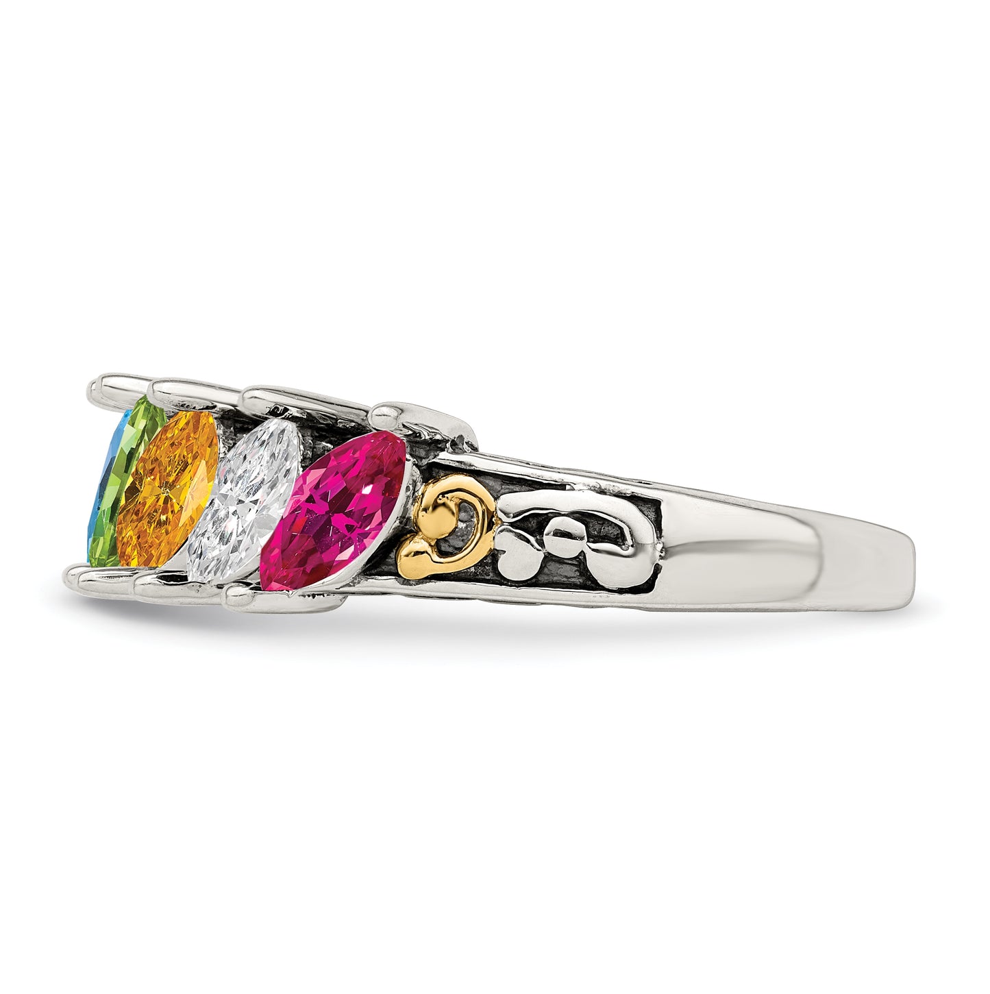 Sterling Silver Antiqued with 14k 5-stone Mother's Ring, Size 10