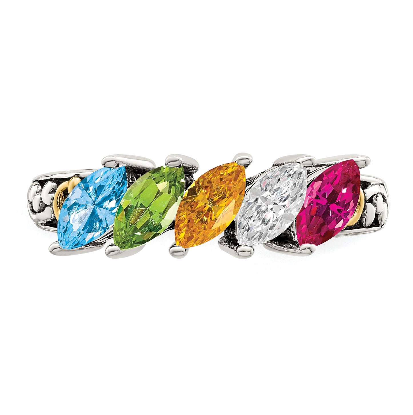 Sterling Silver Antiqued with 14k 5-stone Mother's Ring, Size 8