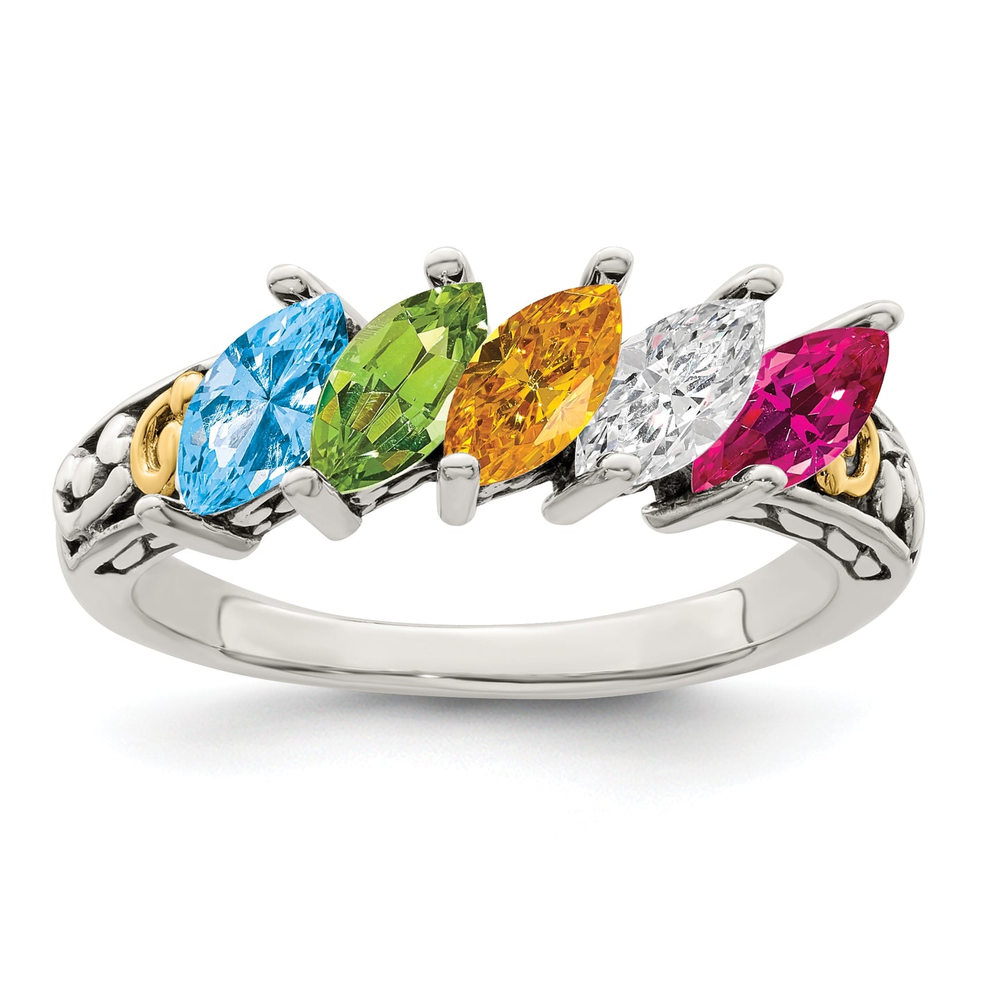 Sterling Silver Antiqued with 14k 5-stone Mother's Ring, Size 5
