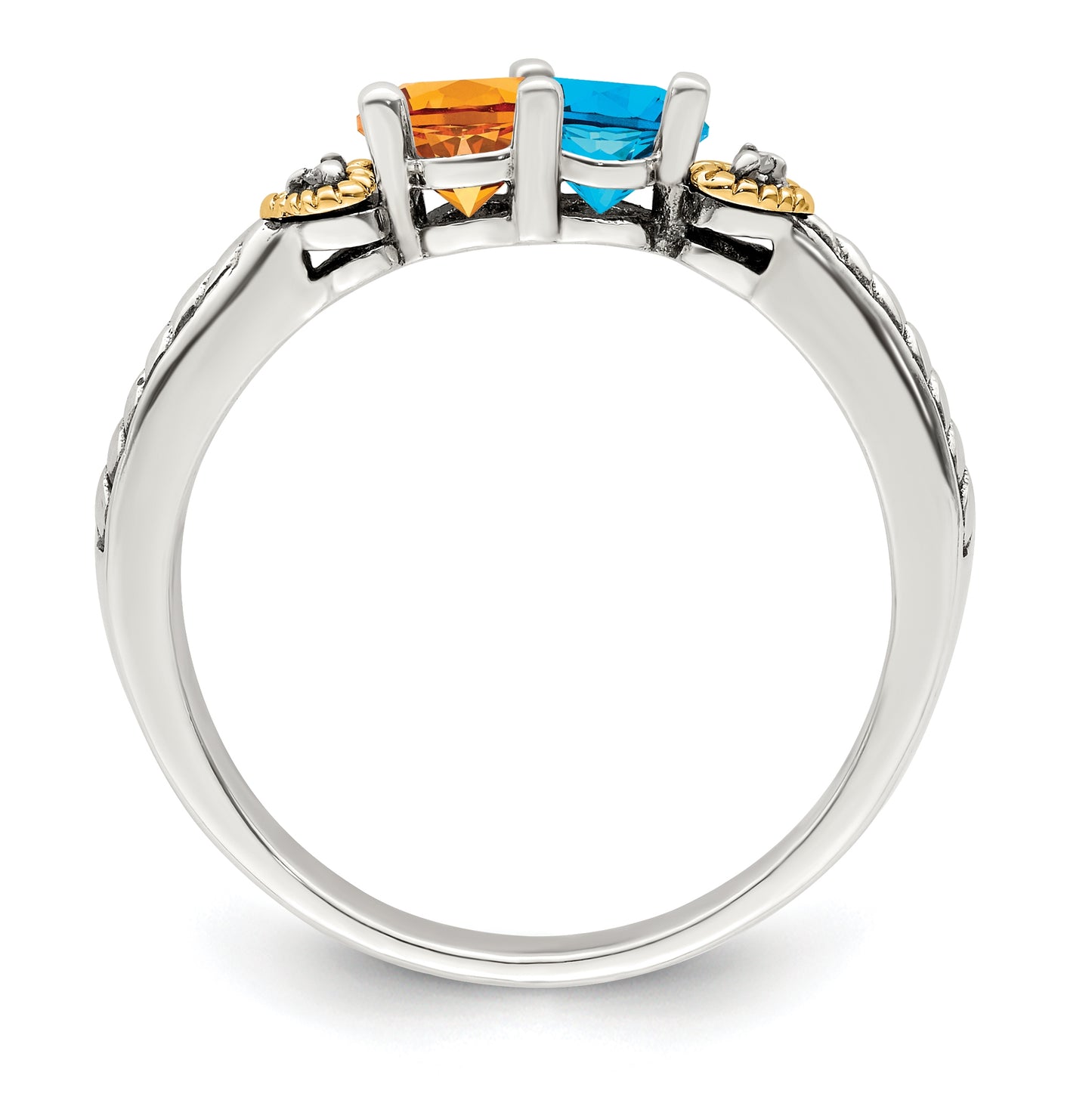 Sterling Silver Antiqued with 14k 2-stone with Diamond Mother's Semi-Mount Ring, Size 10