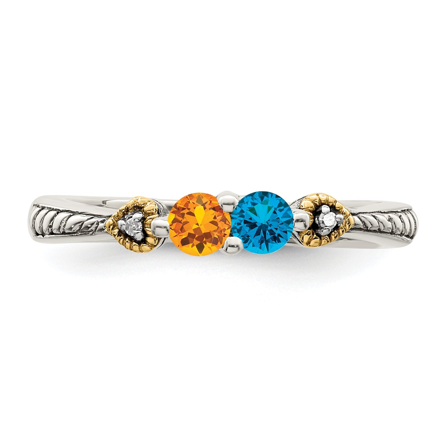Sterling Silver Antiqued with 14k 2-stone with Diamond Mother's Semi-Mount Ring, Size 5