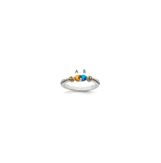 Sterling Silver Antiqued with 14k 2-stone with Diamond Mother's Semi-Mount Ring, Size 7