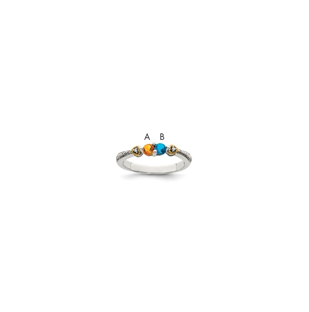 Sterling Silver Antiqued with 14k 2-stone with Diamond Mother's Semi-Mount Ring, Size 5