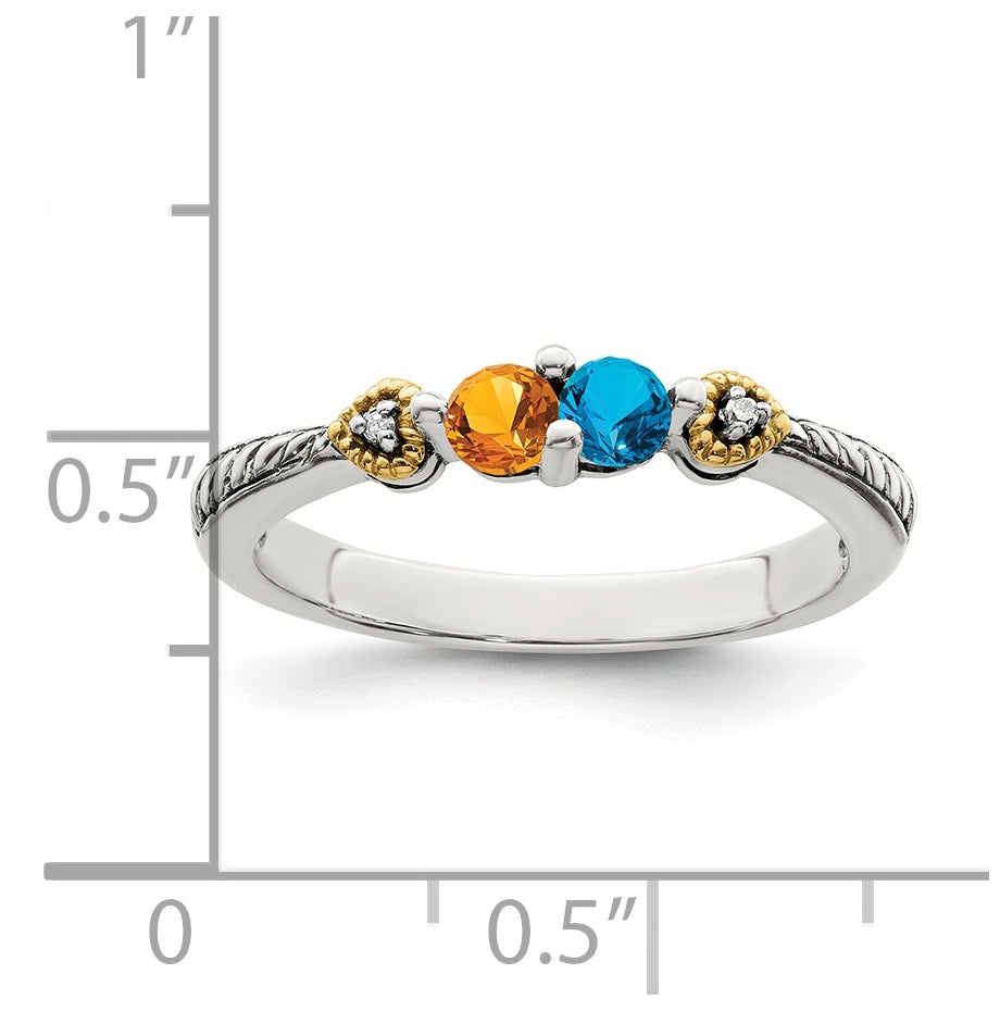 Sterling Silver Antiqued with 14k 2-stone with Diamond Mother's Ring, Size 6
