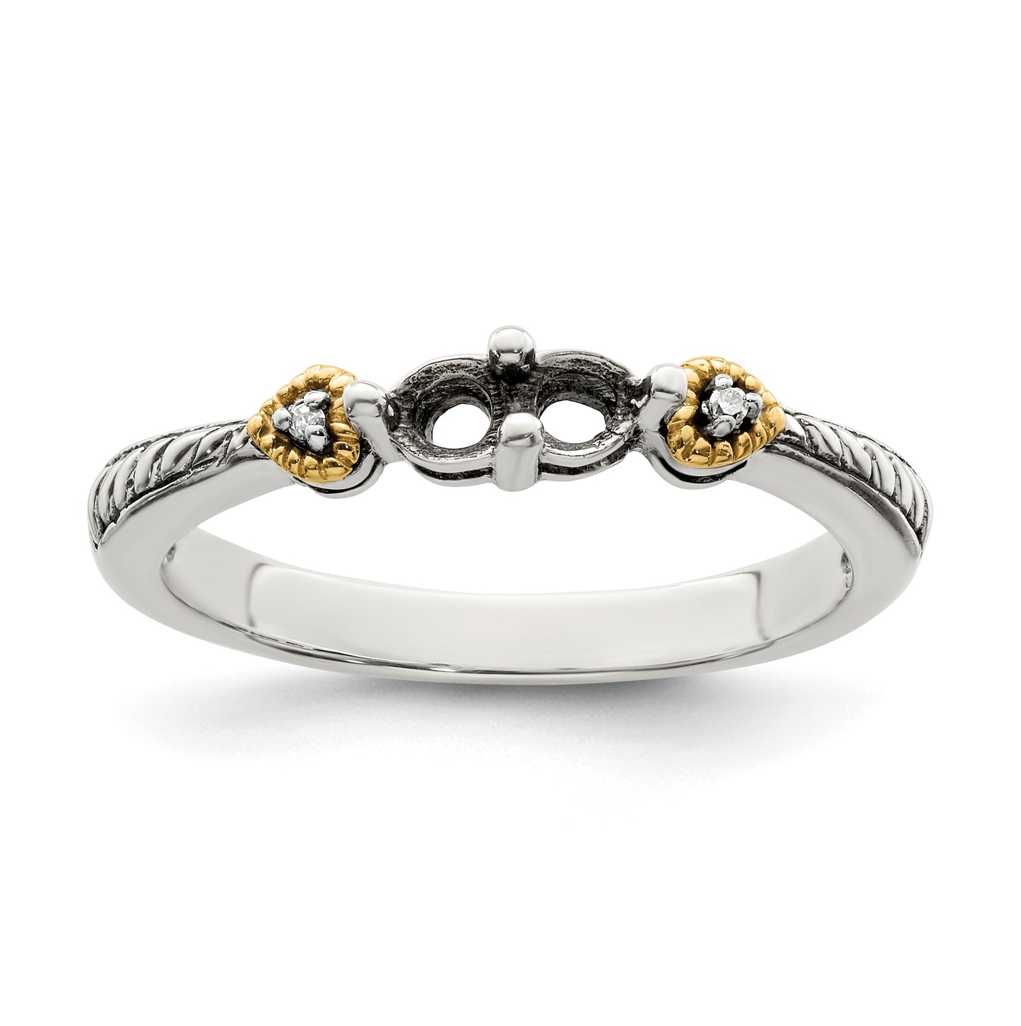 Sterling Silver Antiqued with 14k 2-stone with Diamond Mother's Ring, Size 8