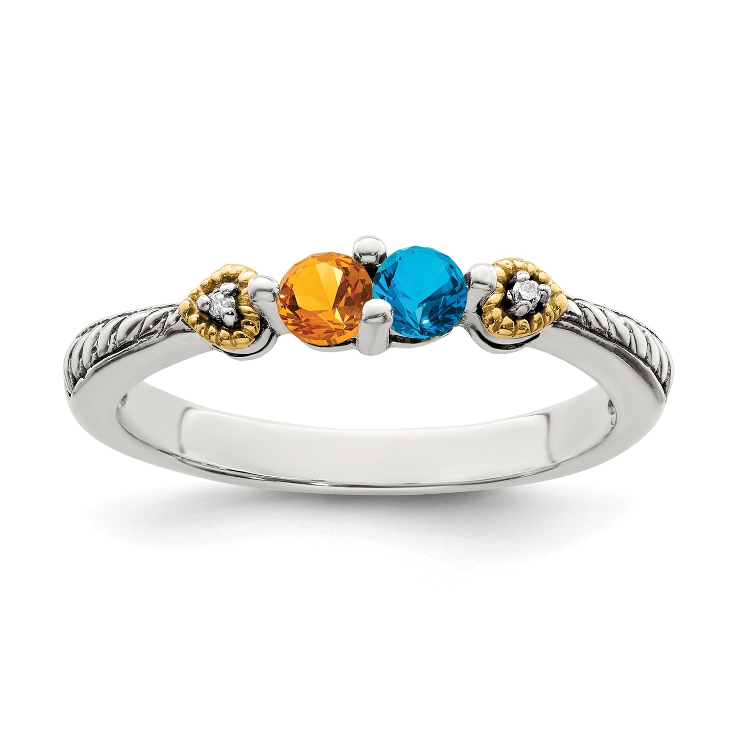 Sterling Silver Antiqued with 14k 2-stone with Diamond Mother's Semi-Mount Ring, Size 7
