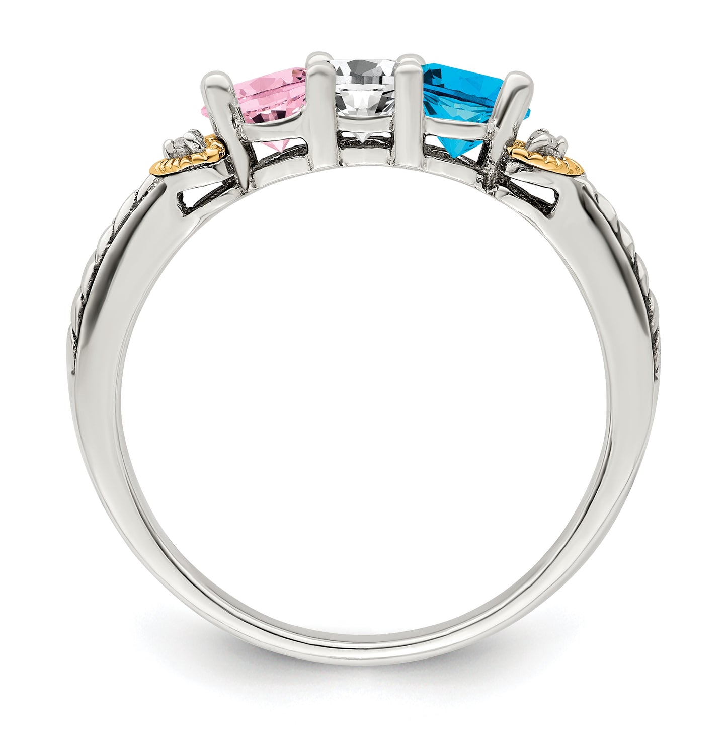 Sterling Silver Antiqued with 14k 3-stone with Diamond Mother's Semi-Mount Ring, Size 6