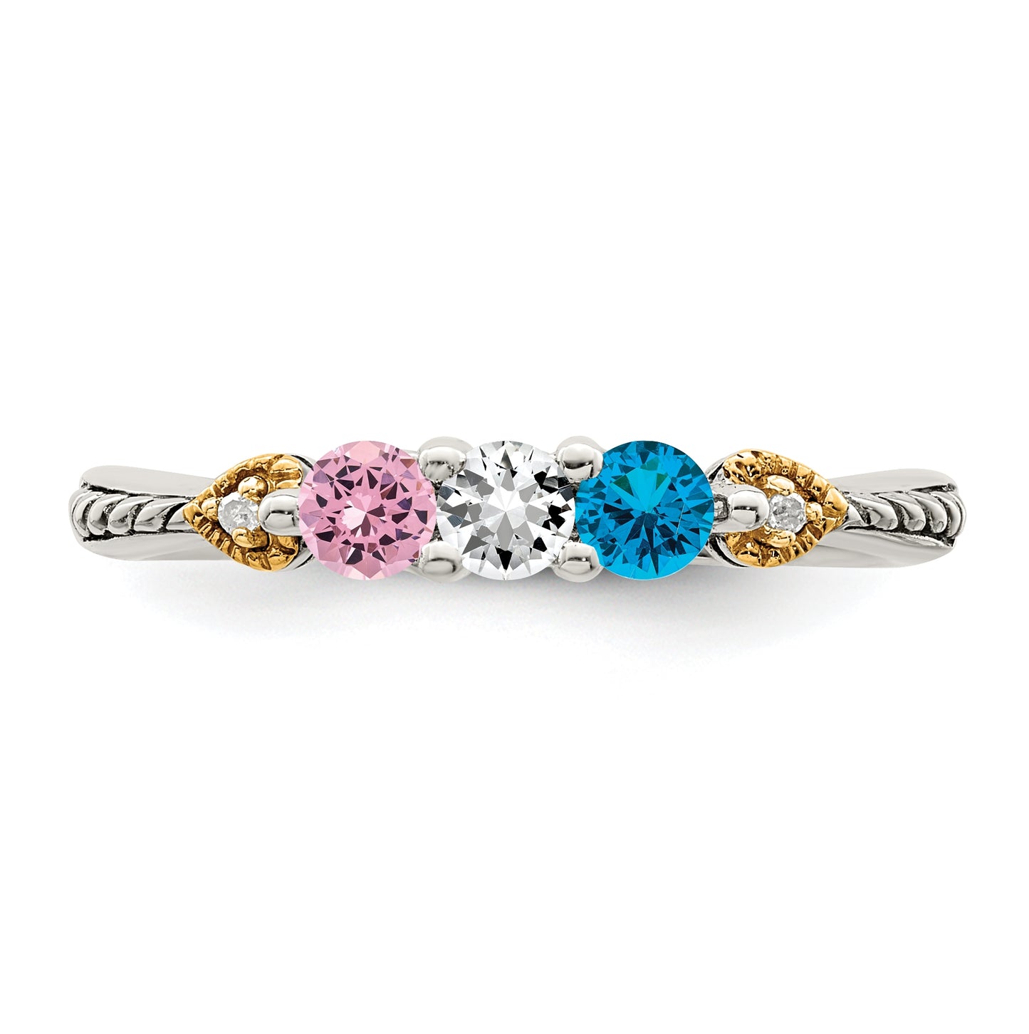 Sterling Silver Antiqued with 14k 3-stone with Diamond Mother's Semi-Mount Ring, Size 5