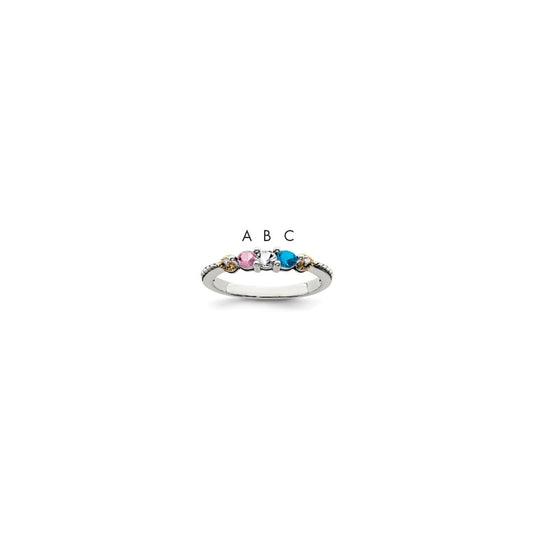 Sterling Silver Antiqued with 14k 3-stone with Diamond Mother's Semi-Mount Ring, Size 5