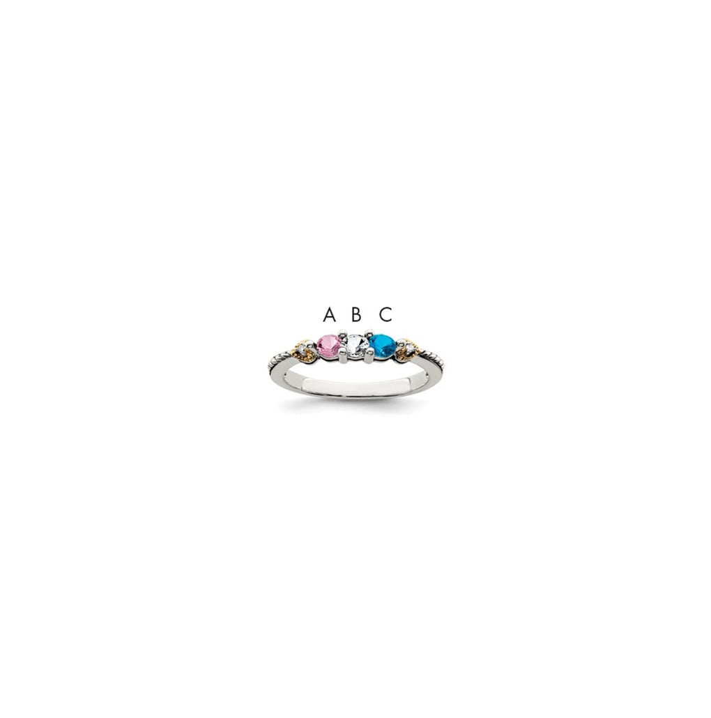 Sterling Silver Antiqued with 14k 3-stone with Diamond Mother's Semi-Mount Ring, Size 6