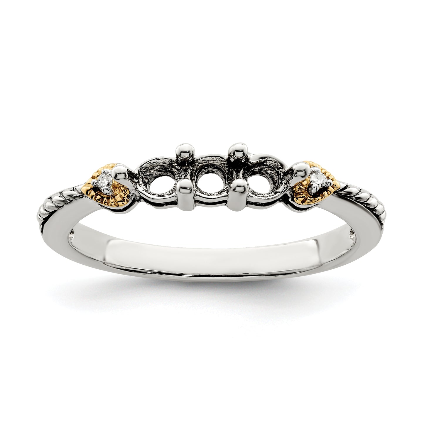 Sterling Silver Antiqued with 14k 3-stone with Diamond Mother's Semi-Mount Ring, Size 10