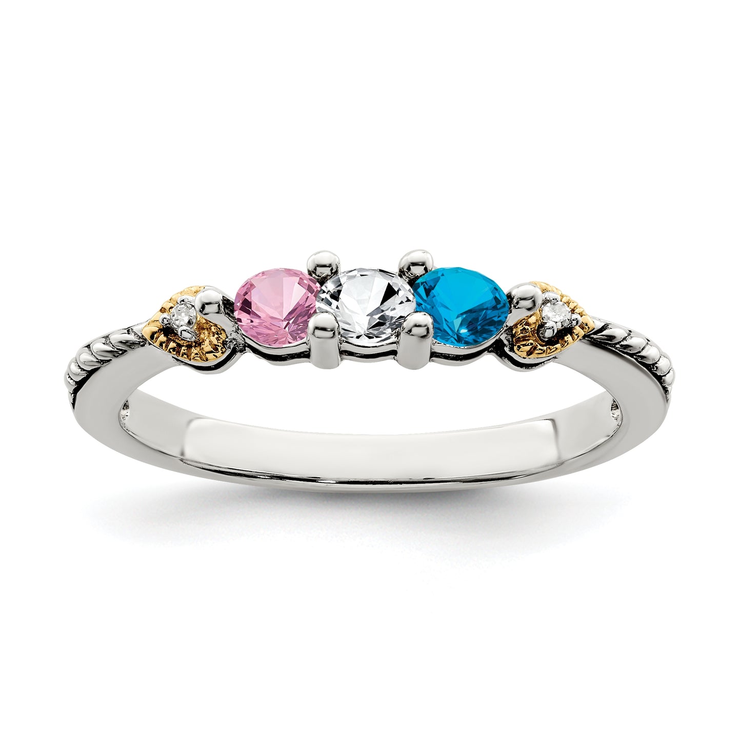 Sterling Silver Antiqued with 14k 3-stone with Diamond Mother's Semi-Mount Ring, Size 6