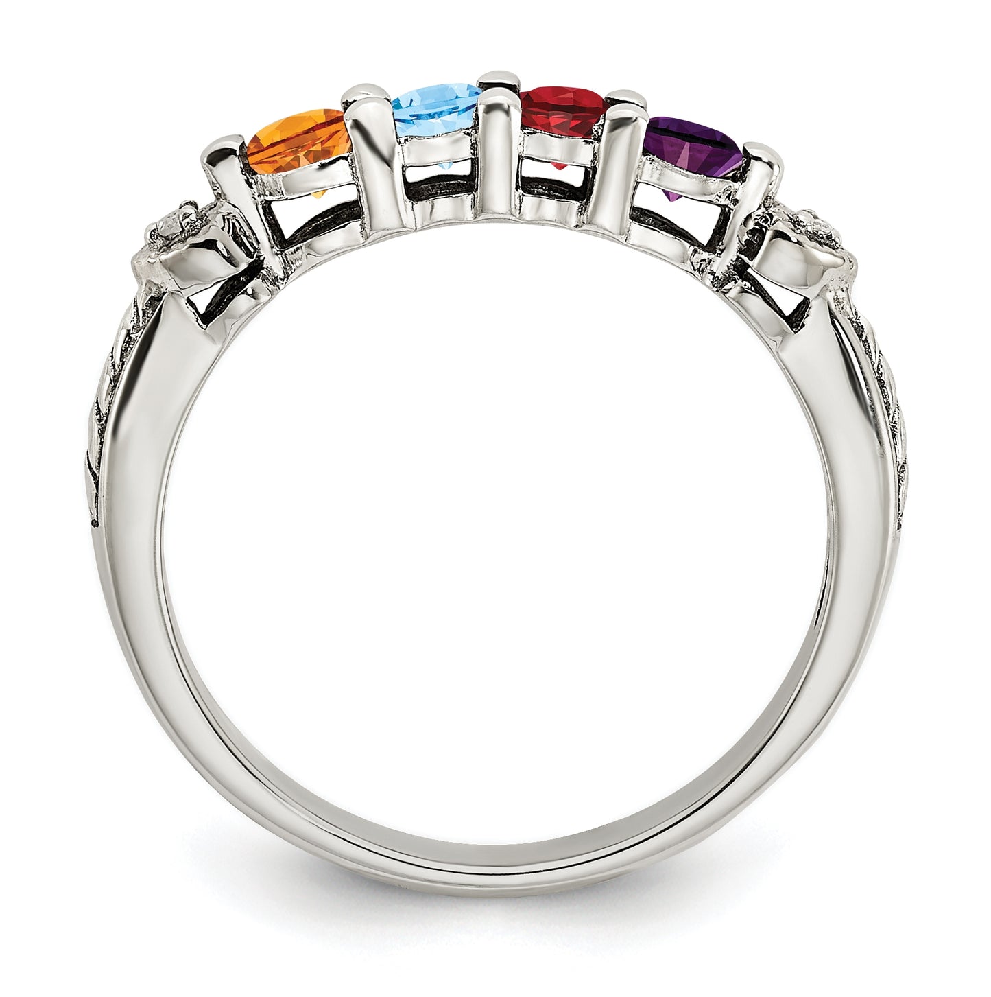 Sterling Silver Antiqued with 14k 4-stone with Diamond Mother's Semi-Mount Ring, Size 7