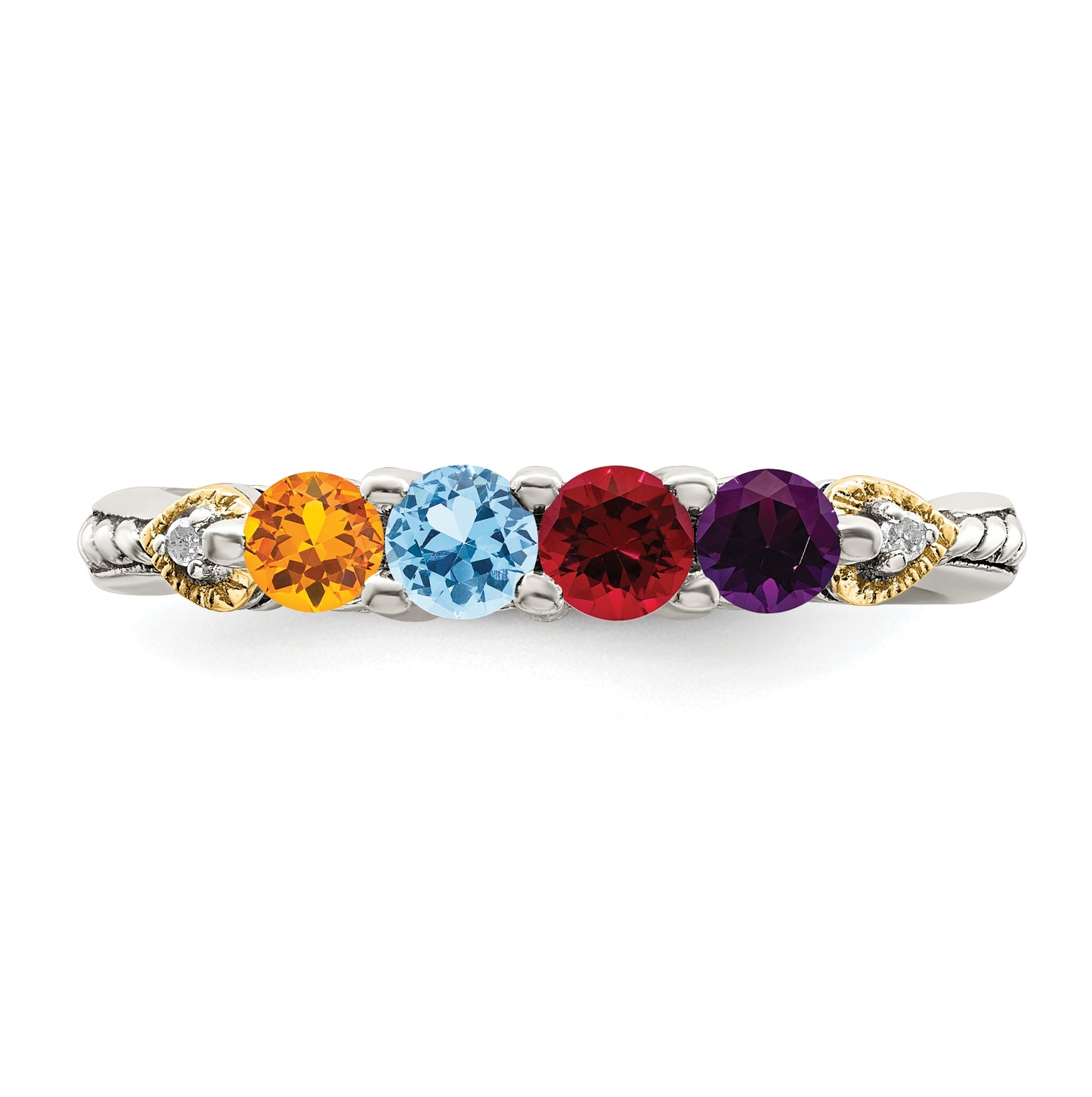 Sterling Silver Antiqued with 14k 4-stone with Diamond Mother's Semi-Mount Ring, Size 7