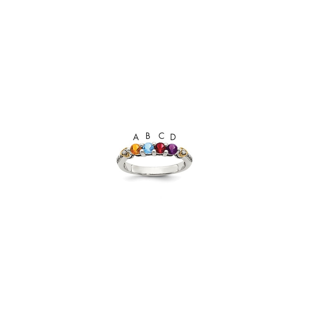 Sterling Silver Antiqued with 14k 4-stone with Diamond Mother's Semi-Mount Ring, Size 6