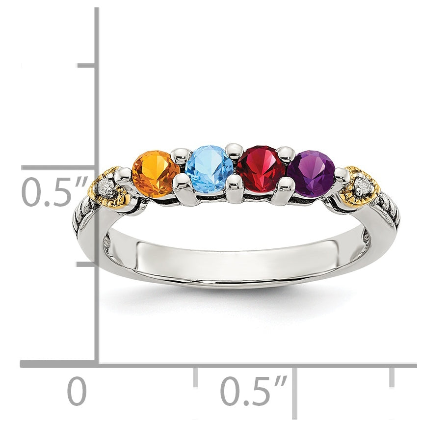 Sterling Silver Antiqued with 14k 4-stone with Diamond Mother's Semi-Mount Ring, Size 9