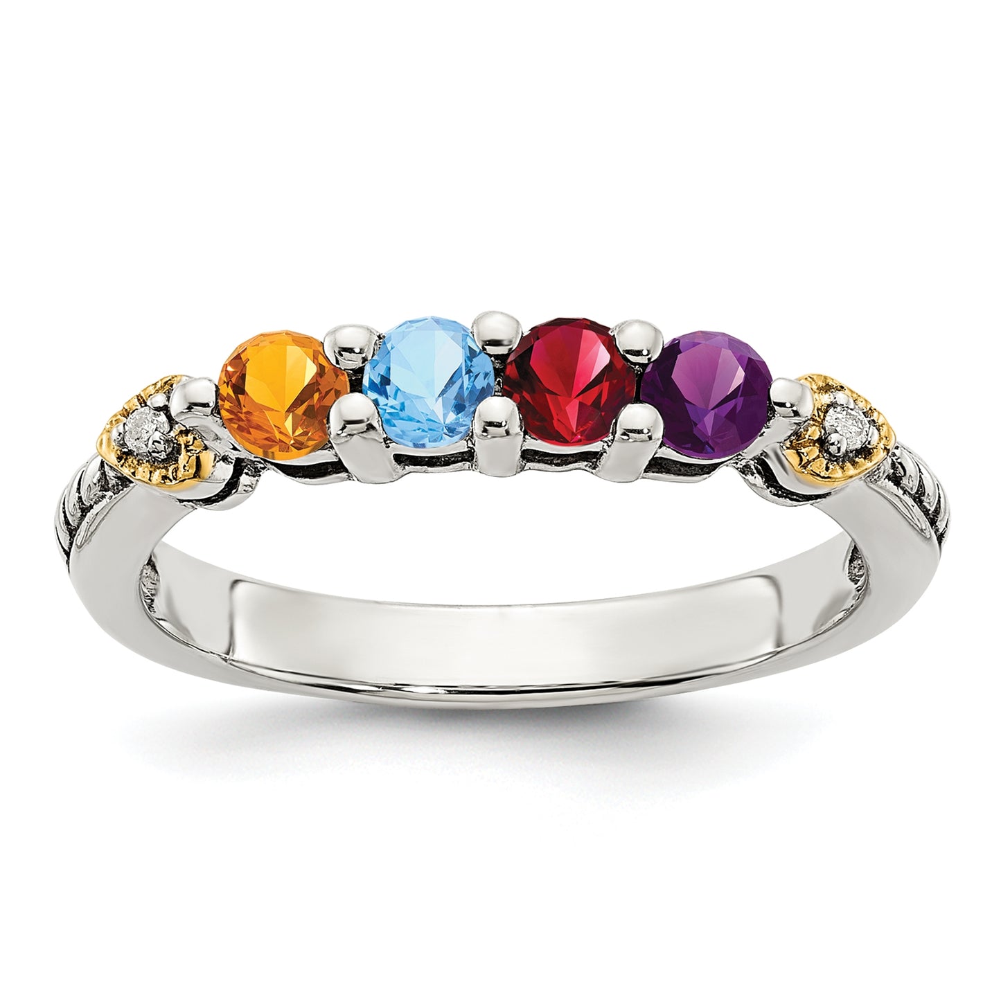 Sterling Silver Antiqued with 14k 4-stone with Diamond Mother's Semi-Mount Ring, Size 9