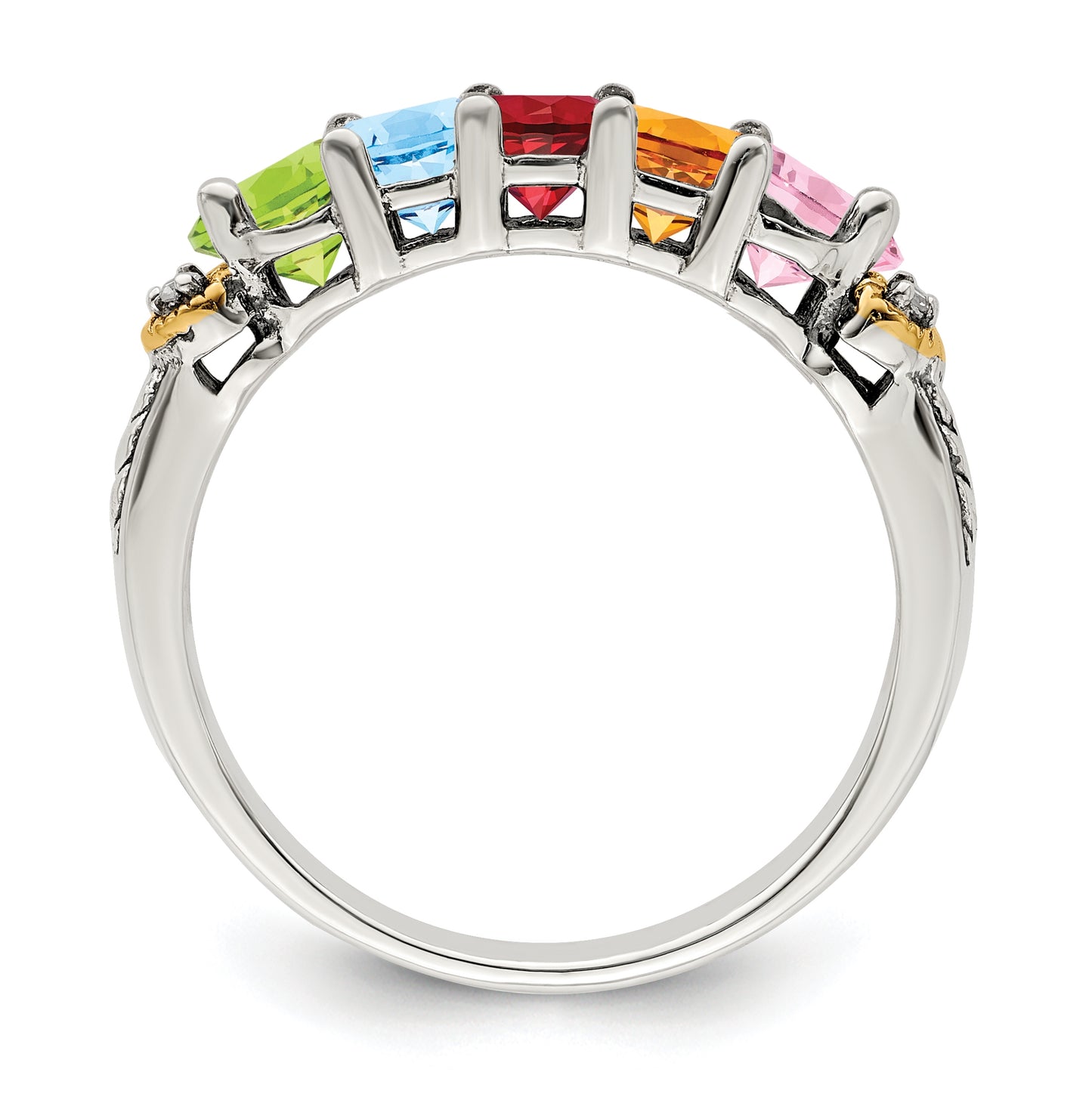 Sterling Silver Antiqued with 14k 5-stone with Diamond Mother's Semi-Mount Ring, Size 5