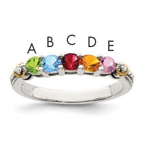 Sterling Silver Antiqued with 14k 5-stone with Diamond Mother's Semi-Mount Ring, Size 10
