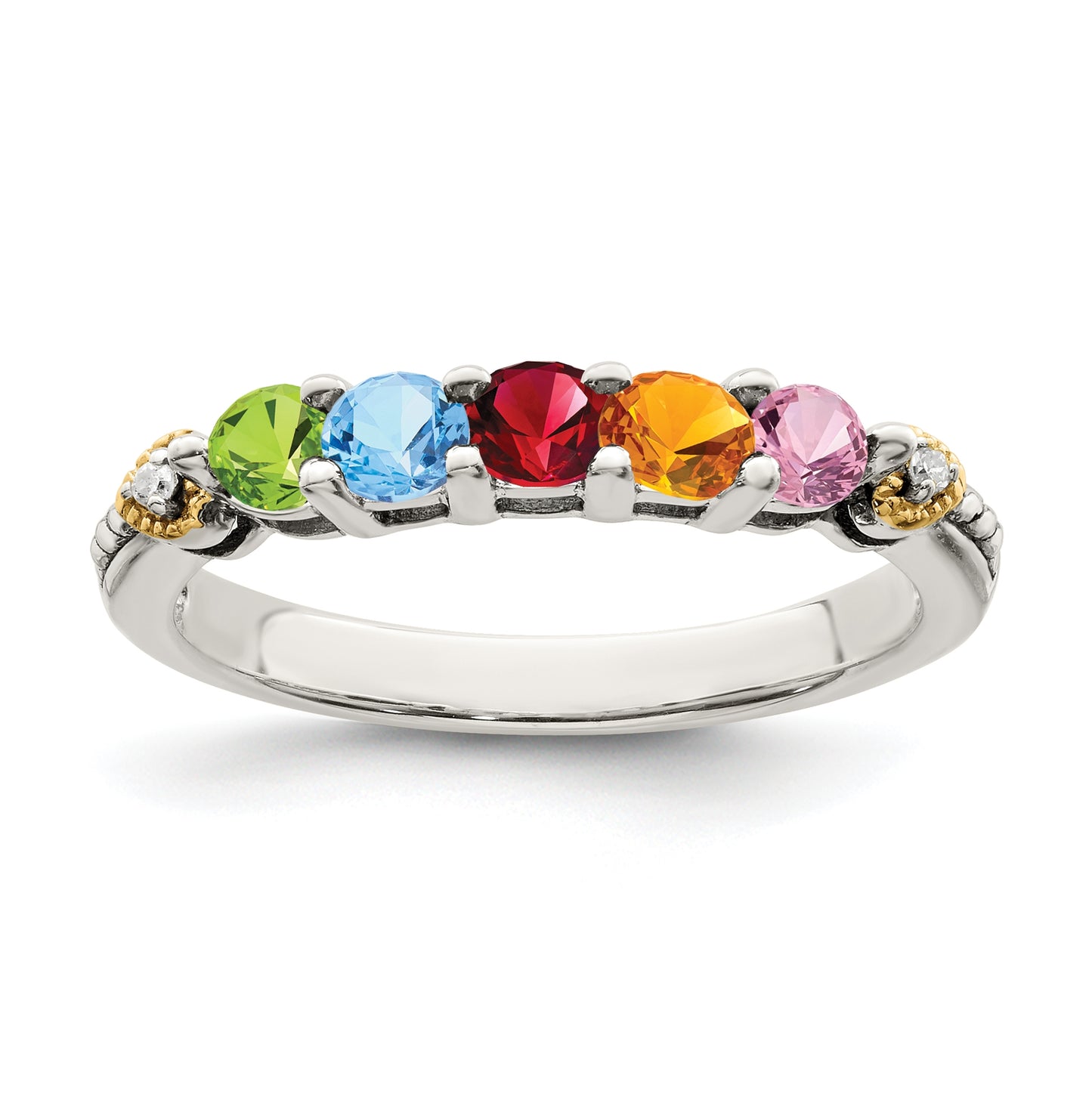 Sterling Silver Antiqued with 14k 5-stone with Diamond Mother's Semi-Mount Ring, Size 9