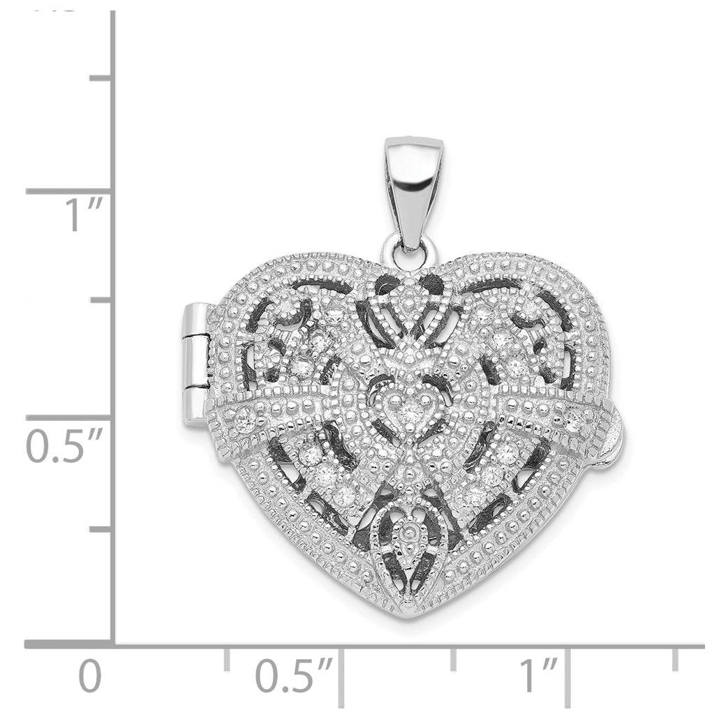Sterling Silver Rhodium-plated Cubic Zirconia Fancy Design Heart 22mm Locket Pendant – Elegant Jewelry Gift for Birthday, Anniversary, Engagement, Wedding