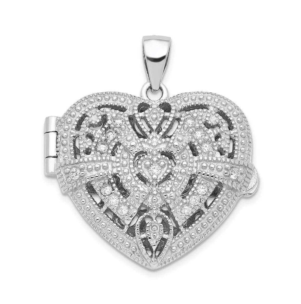 Sterling Silver Rhodium-plated Cubic Zirconia Fancy Design Heart 22mm Locket Pendant – Elegant Jewelry Gift for Birthday, Anniversary, Engagement, Wedding