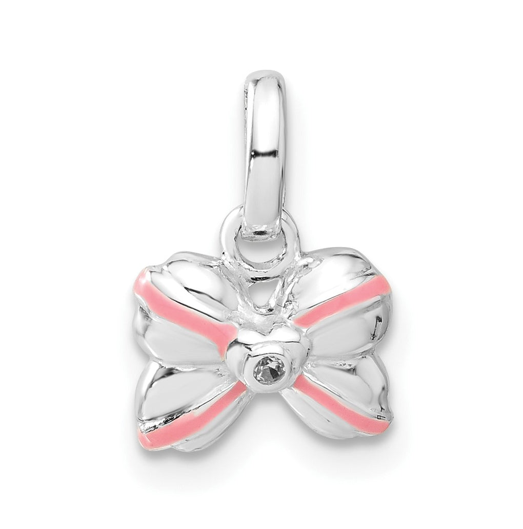 Sterling Silver Pink Enamel & Cubic Zirconia Kid's Bow Pendant