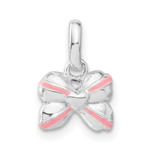 Sterling Silver Pink Enamel & Cubic Zirconia Kid's Bow Pendant