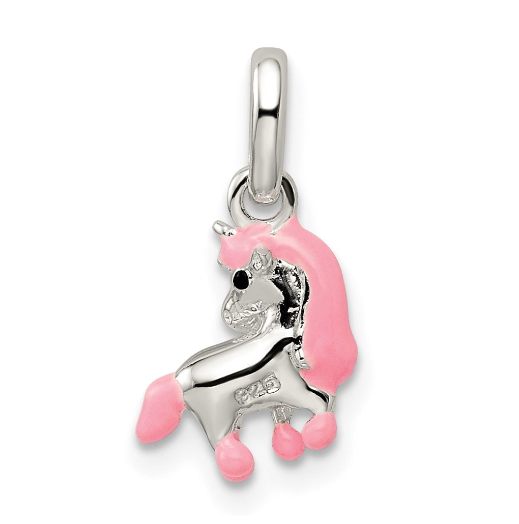 Sterling Silver Polished Pink & Black Enameled Pony Children's Pendant
