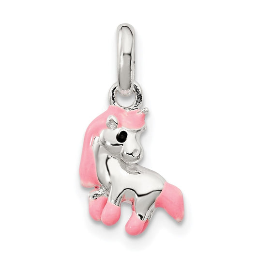 Sterling Silver Polished Pink & Black Enameled Pony Children's Pendant