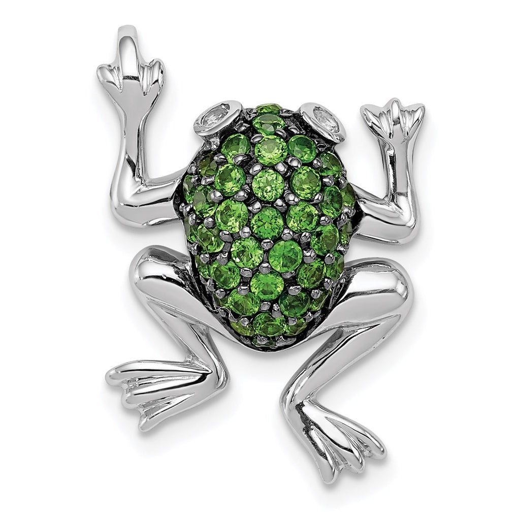 Sterling Silver Rhodium White Topaz & Chrome Diopside Frog Pendant – Elegant Jewelry Gift for Birthday, Anniversary, Engagement, Wedding