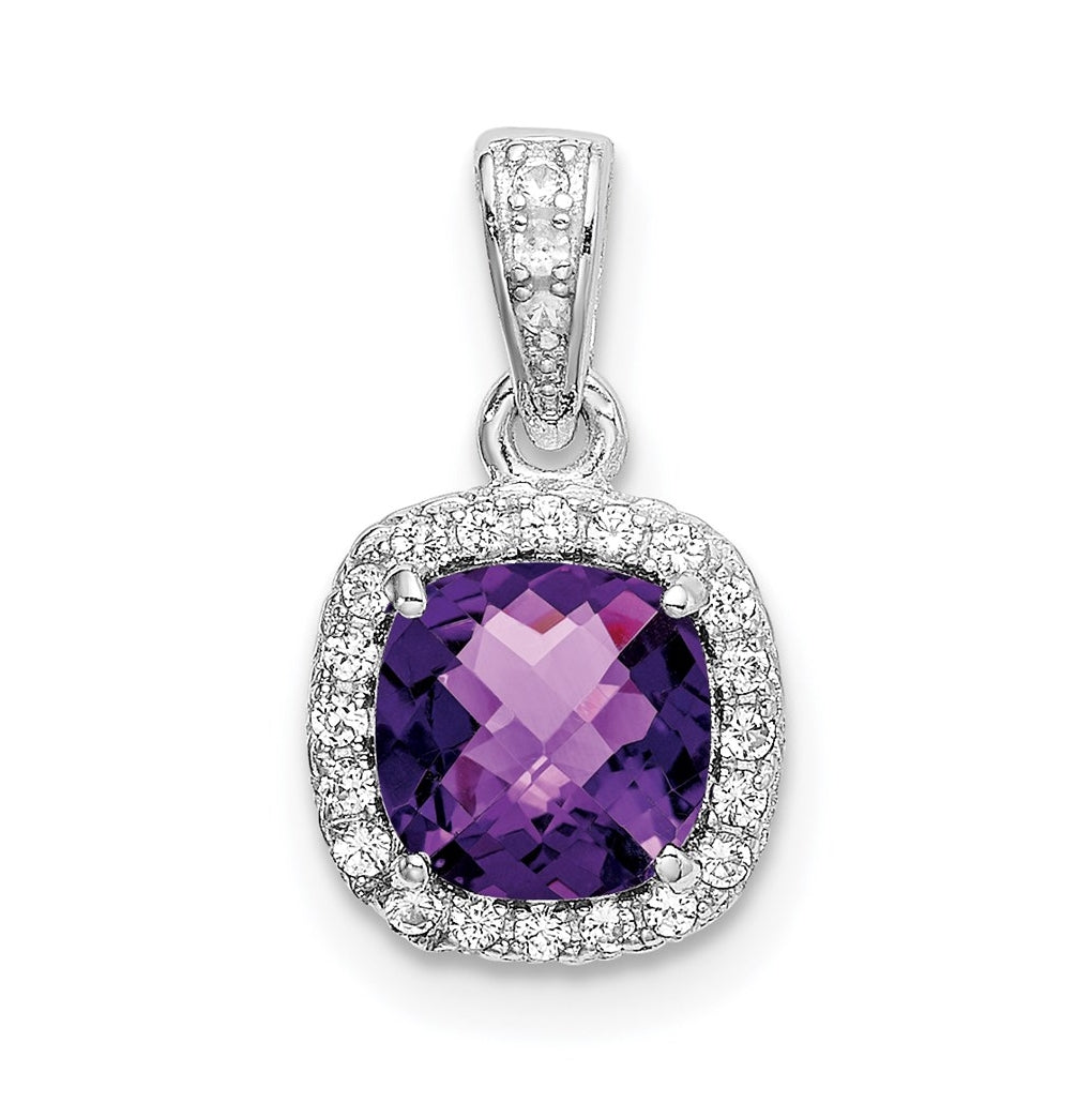 Sterling Silver Rhodium Plated Amethyst and Created White Sapphire Pendant – Elegant Jewelry Gift for Birthday, Anniversary, Engagement, Wedding