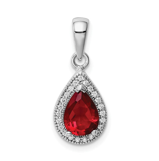 Sterling Silver Rhod Plated Red and Clear Cubic Zirconia Pendant