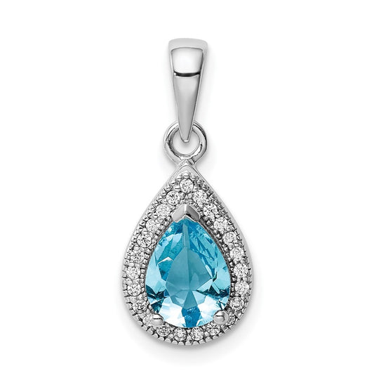 Sterling Silver Rhod Plated Blue and Clear Cubic Zirconia Pendant