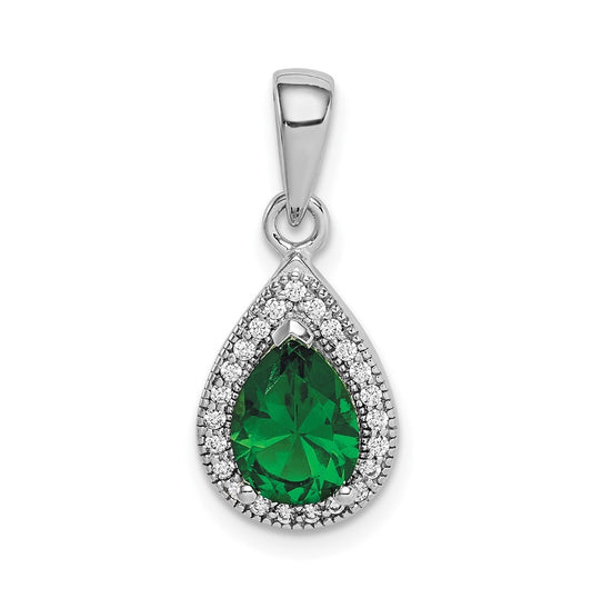 Sterling Silver Rhodium Plated Green and Clear Cubic Zirconia Pendant, May