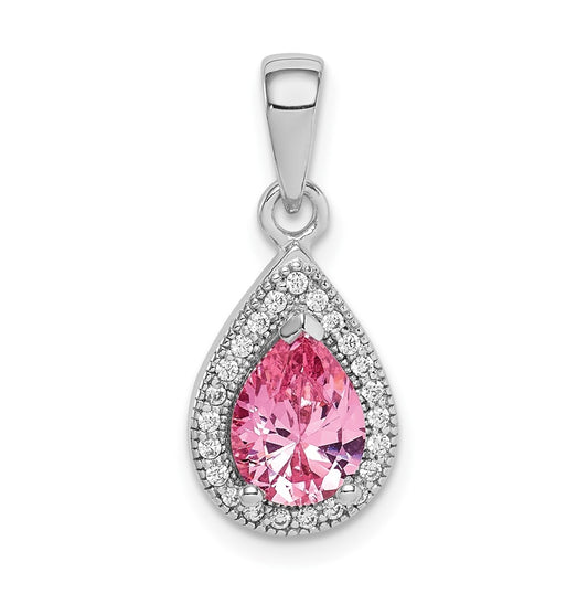 Sterling Silver Rhodium Plated Pink and Clear Cubic Zirconia Pendant