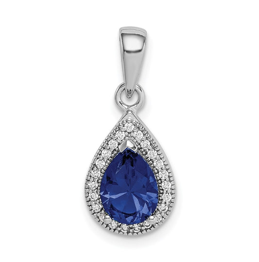 Sterling Silver Rhodium Plated Blue and Clear Cubic Zirconia Pendant, September