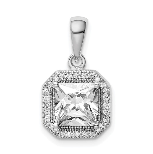 Sterling Silver Rhodium Plated Clear Cubic Zirconia and Square Clear Cubic Zirconia Pendant, April