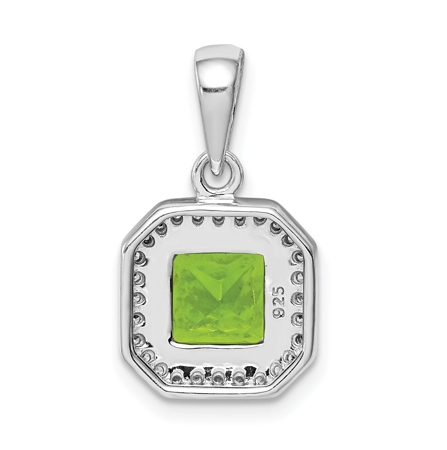 Sterling Silver Rhodium Plated Clear Cubic Zirconia and Square Green Cubic Zirconia Pendant, August