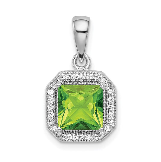 Sterling Silver Rhodium Plated Clear Cubic Zirconia and Square Green Cubic Zirconia Pendant, August