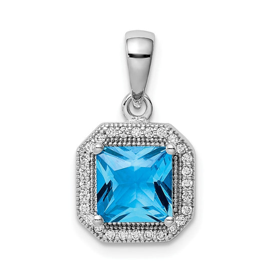 Sterling Silver Rhodium Plated Clear Cubic Zirconia and Square Blue Cubic Zirconia Pendant, December