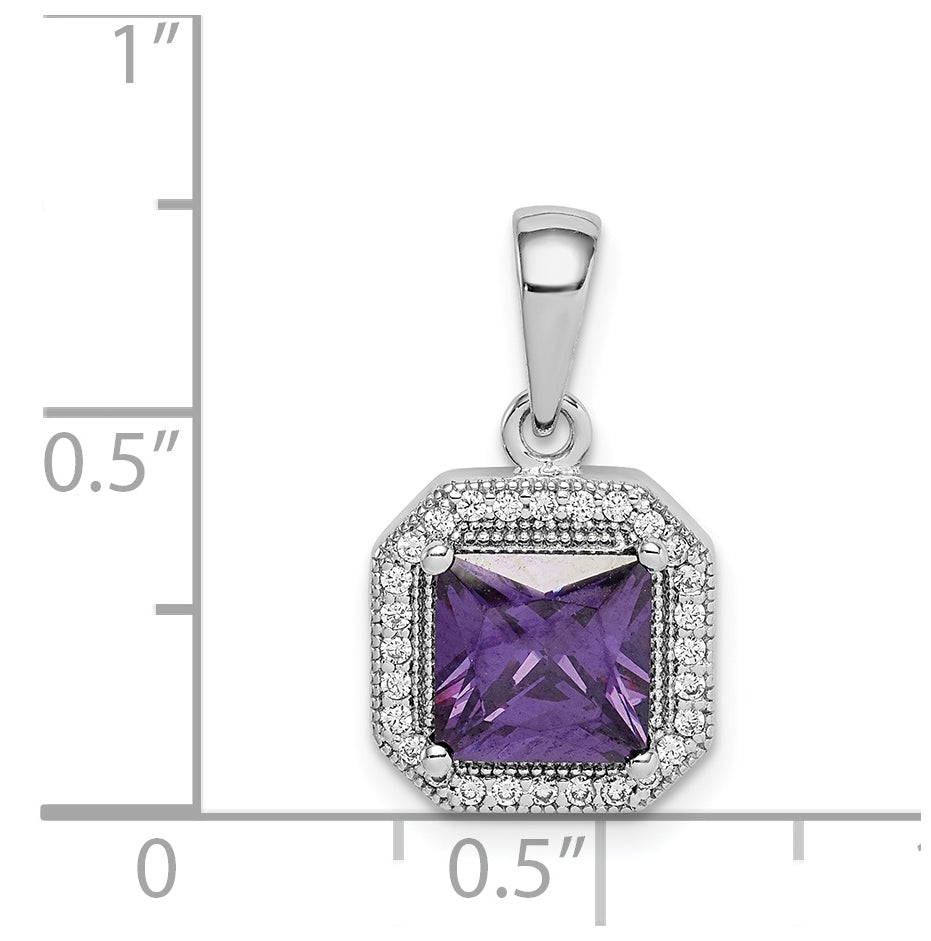 Sterling Silver Rhodium Plated Clear Cubic Zirconia and Square Purple Cubic Zirconia Pendant