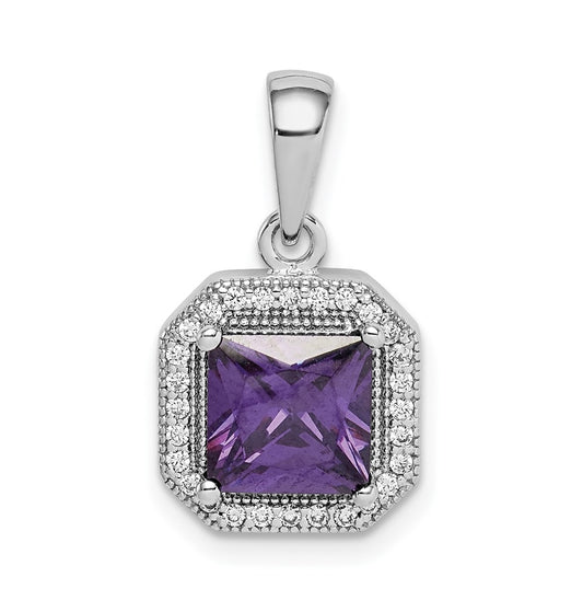 Sterling Silver Rhodium Plated Clear Cubic Zirconia and Square Purple Cubic Zirconia Pendant