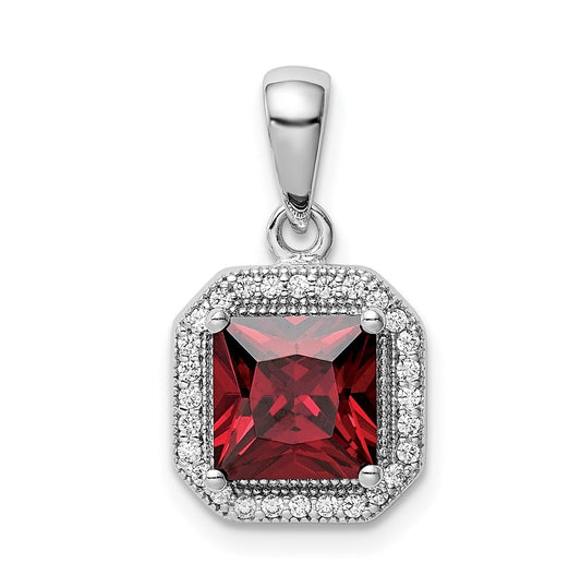 Sterling Silver Rhodium Plated Clear Cubic Zirconia and Square Red Cubic Zirconia Pendant, January