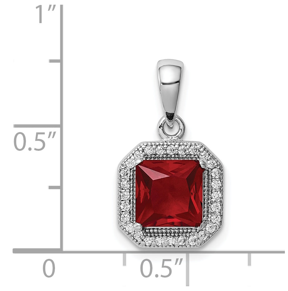 Sterling Silver Rhodium Plated Clear Cubic Zirconia and Square Red Cubic Zirconia Pendant, July