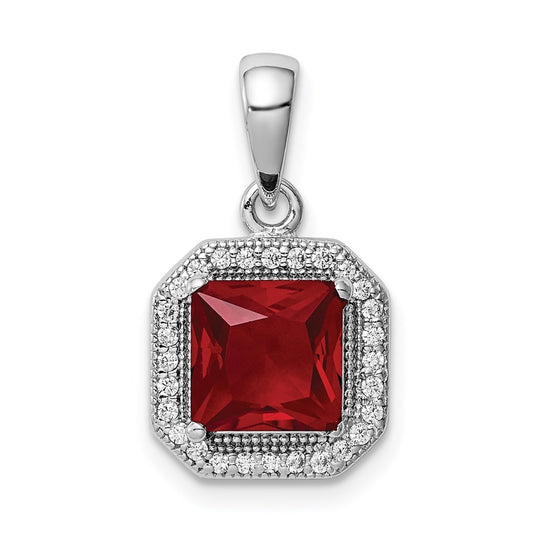 Sterling Silver Rhodium Plated Clear Cubic Zirconia and Square Red Cubic Zirconia Pendant, July