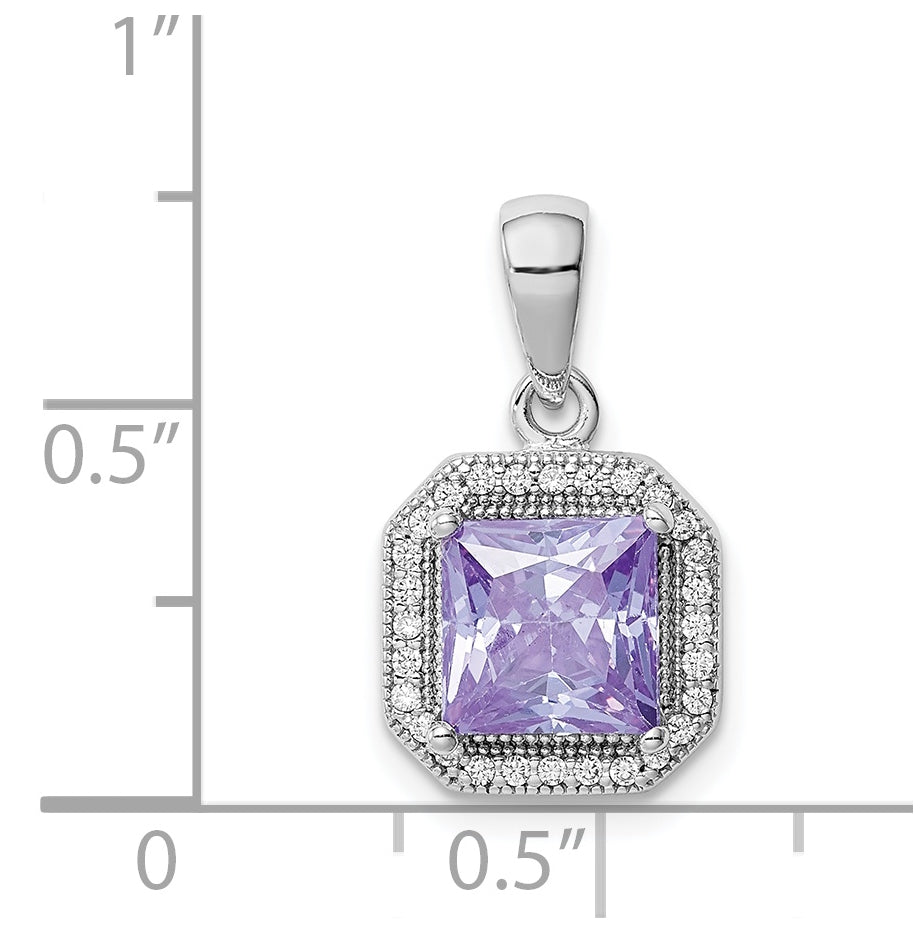 Sterling Silver Rhodium Plated Clear Cubic Zirconia and Square Light Purple Cubic Zirconia Pendant