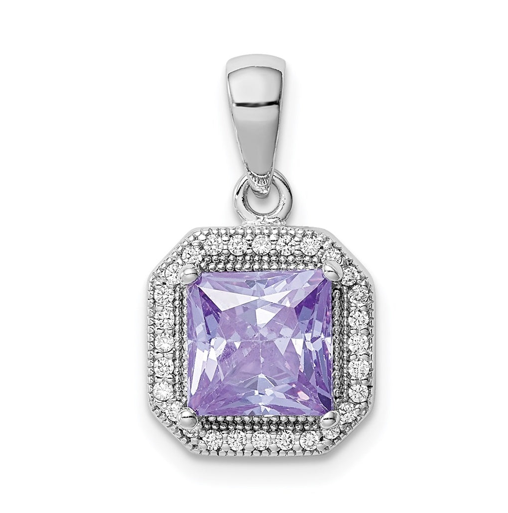 Sterling Silver Rhodium Plated Clear Cubic Zirconia and Square Light Purple Cubic Zirconia Pendant