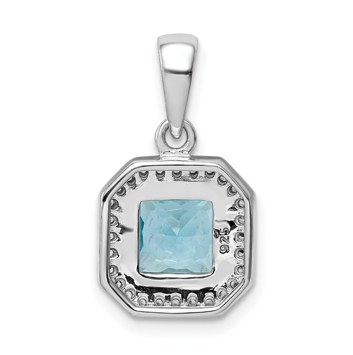 Sterling Silver Rhodium Plated Clear Cubic Zirconia and Square Blue Cubic Zirconia Pendant, March