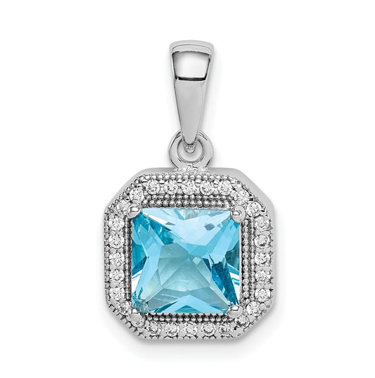 Sterling Silver Rhodium Plated Clear Cubic Zirconia and Square Blue Cubic Zirconia Pendant, March